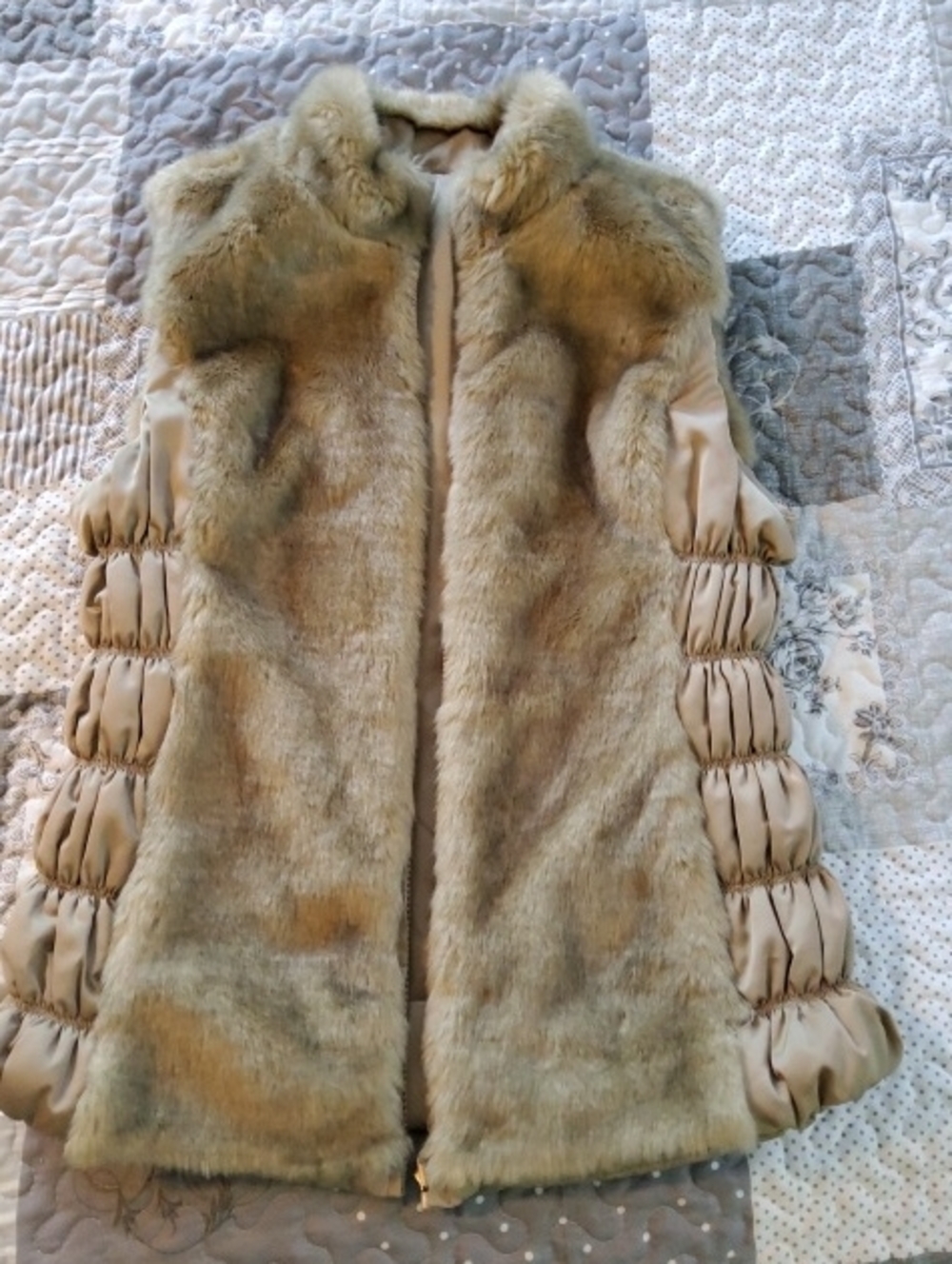 Reversible Sleeveless Faux Fur Vest in Taupe with Ruched Side Panels Medium